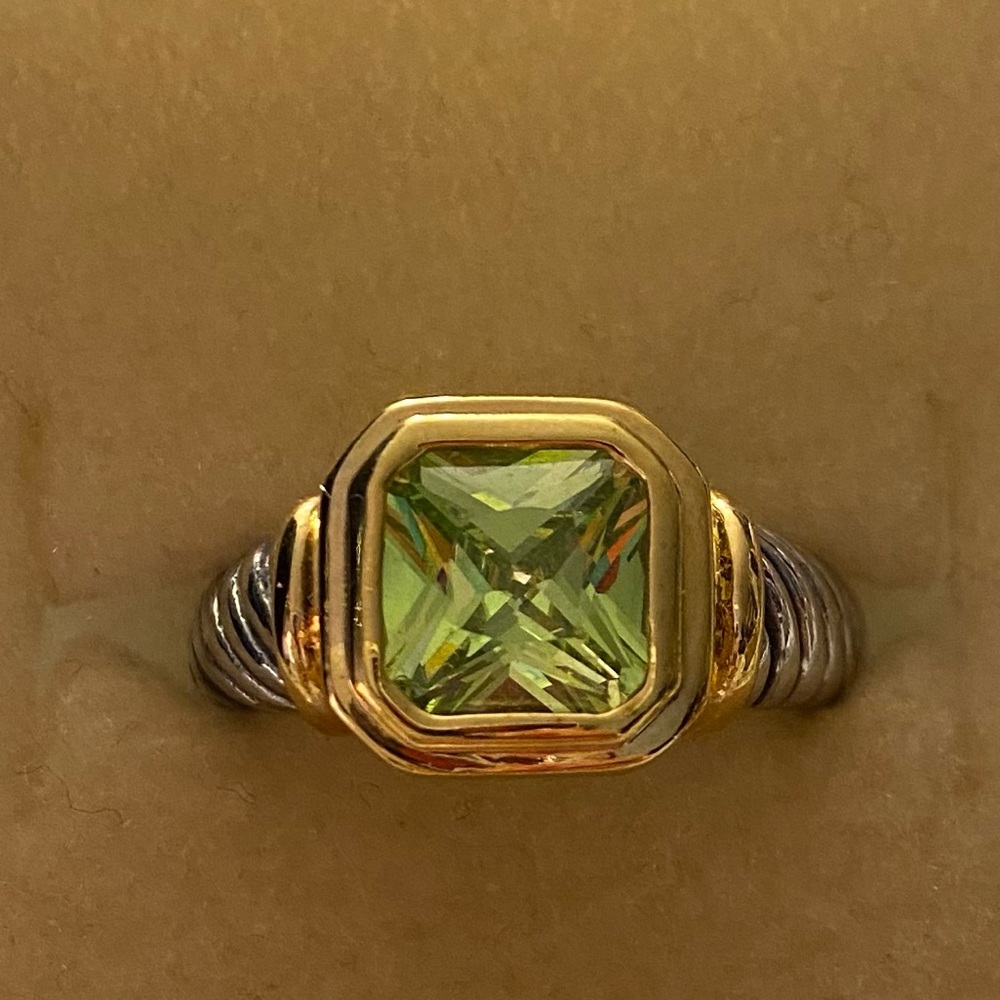 Beautiful classic Square Peridot set in gold and silver setting.